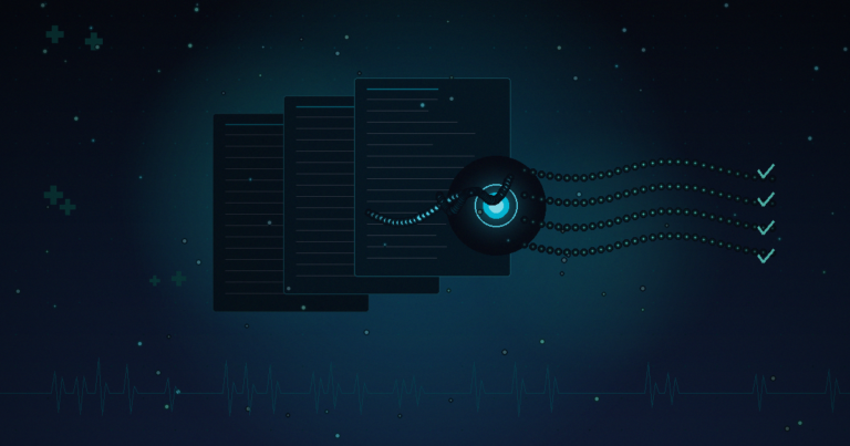 Abstract visualization of AI automating prior authorization: document stacks flowing through a neural processing node producing approved results, with cyan particle trails on dark background