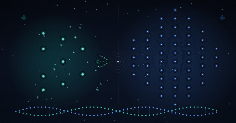 Comparison of small versus large neural network architectures: compact efficient teal network on left versus expansive blue network on right, connected by DNA helix pattern