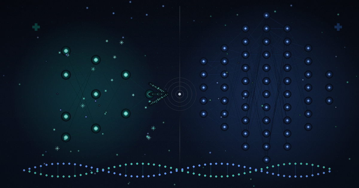 Comparison of small versus large neural network architectures: compact efficient teal network on left versus expansive blue network on right, connected by DNA helix pattern