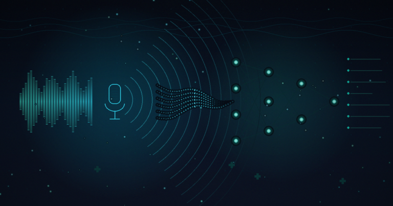 Voice-powered healthcare AI concept: audio waveform equalizer and microphone icon with sound wave arcs flowing into a neural network, representing speech-to-AI clinical workflows