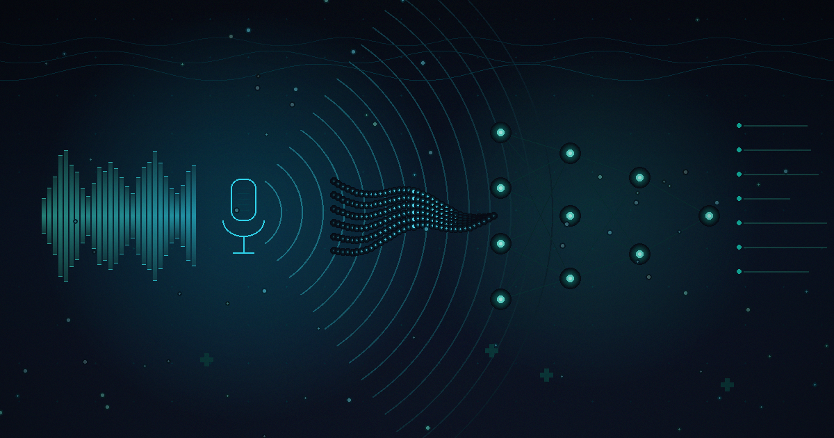 Voice-powered healthcare AI concept: audio waveform equalizer and microphone icon with sound wave arcs flowing into a neural network, representing speech-to-AI clinical workflows
