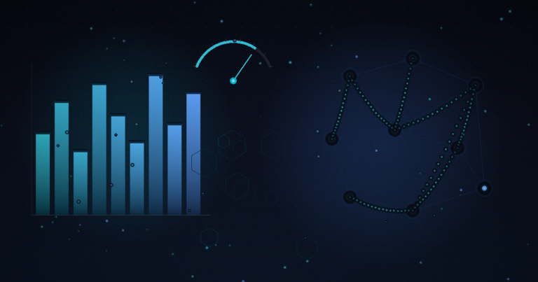 AI benchmark visualization with performance bar chart and gauge dial alongside an autonomous agent network graph with interconnected nodes and data flow particles