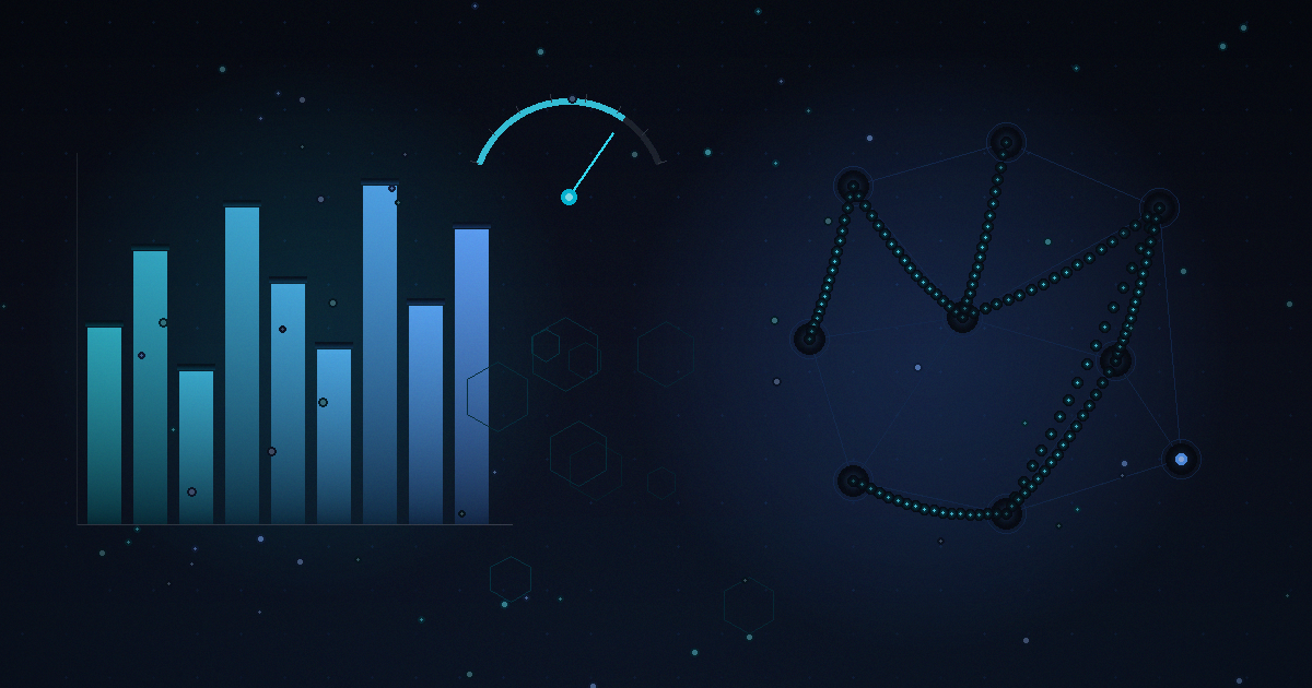 AI benchmark visualization with performance bar chart and gauge dial alongside an autonomous agent network graph with interconnected nodes and data flow particles