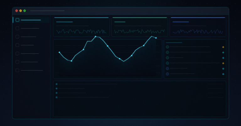 Healthcare operating system dashboard interface with sidebar navigation, metric cards, real-time analytics chart, patient list panel, and activity log on dark background with cyan accents