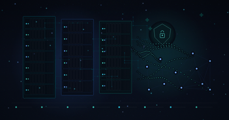 Self-hosted AI infrastructure visualization with three server racks, shield and lock security icon, network topology graph, and circuit board traces representing on-premise healthcare AI deployment