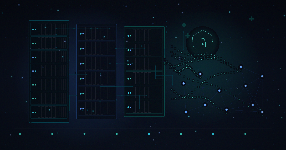 Self-hosted AI infrastructure visualization with three server racks, shield and lock security icon, network topology graph, and circuit board traces representing on-premise healthcare AI deployment